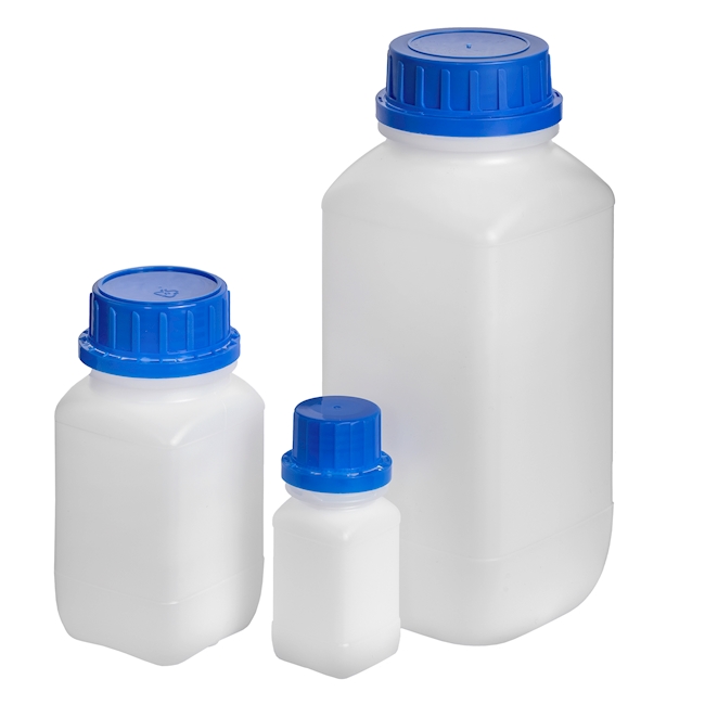 Square bottle natural PE-HD 100 ml, blue lid